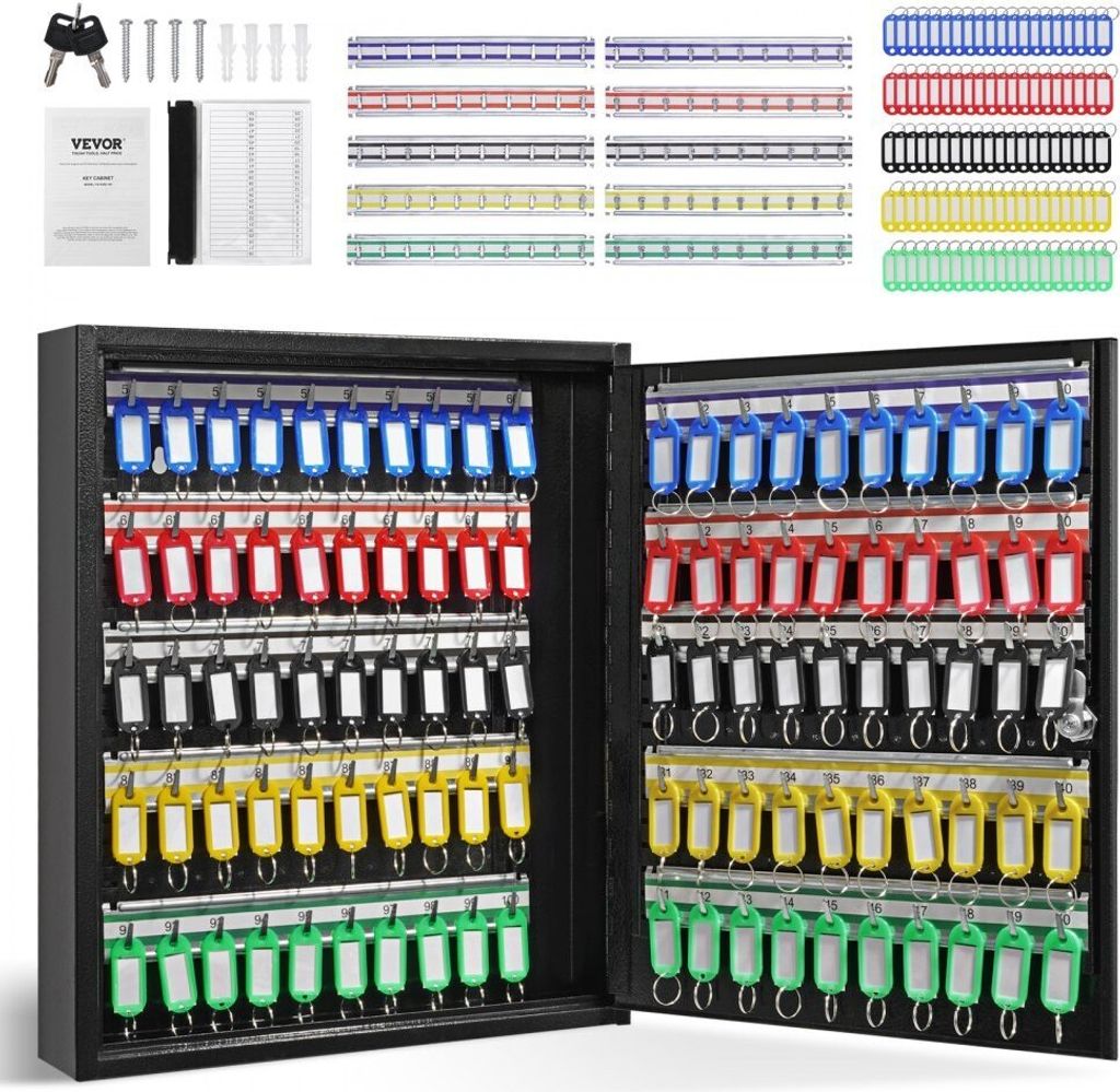 Schlüsselzirkus - Schlüsselschrank für 100 Schlüssel, Schwarz, Einstellbar - Abschließbarer Schlüsselkasten mit 10 Schlüsselhaltern, 2 Schl...