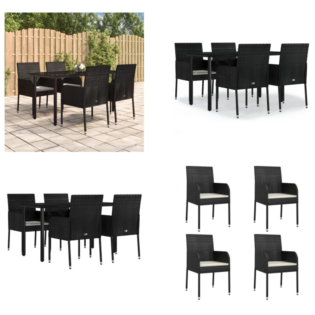 vidaXL 5 tlg. Garten Essgruppe mit Kissen Schwarz Poly Rattan - Garten Essgruppe - Garten Essgruppen - Essgruppe - Essgruppe Terrasse
