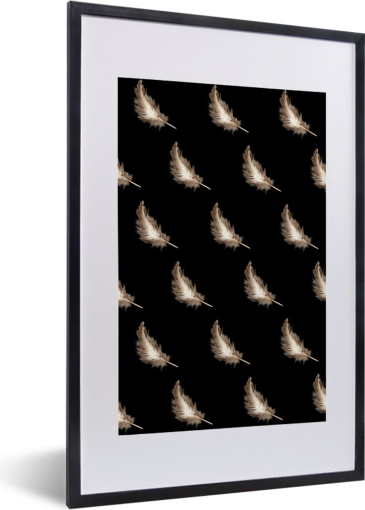 MuchoWow MuchoWow Gerahmtes Poster Federn - Muster - Weiß 40x60 cm - Poster mit zchwarzem Bilderrahmen - Poster in Rahmen