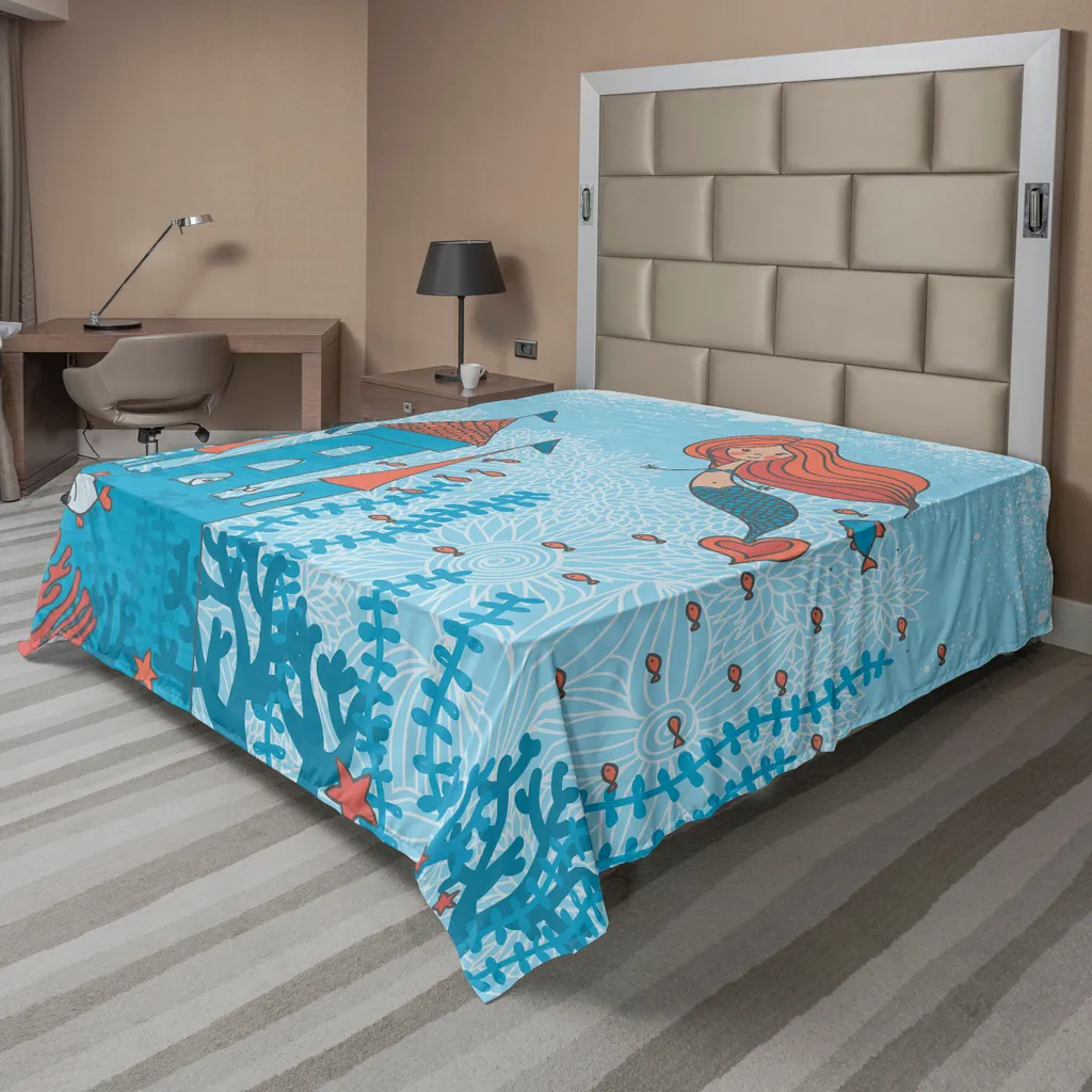 Drap-housse déco pour grand lit motif sirène bleu sarcelle 260x228cm