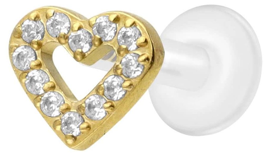 Ohrpiercing, Nasenpiercing PTFE Labret mit Innengewinde + Titan-Aufsatz KRISTALLHERZ Gold Stablänge: 7mm | Stabstärke: 1,6mm