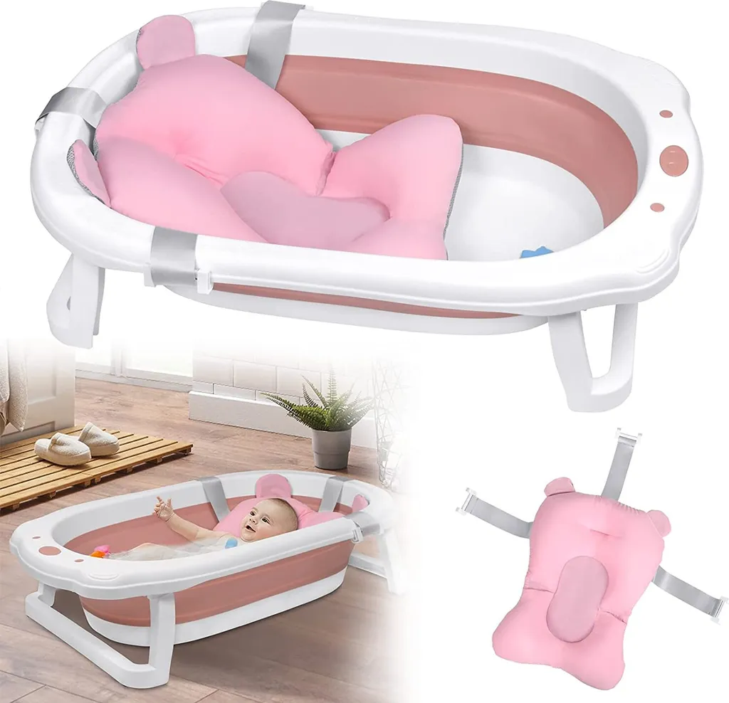 Baignoire Pliable Bébé avec Support de Bain et Trou de Vidange Rose