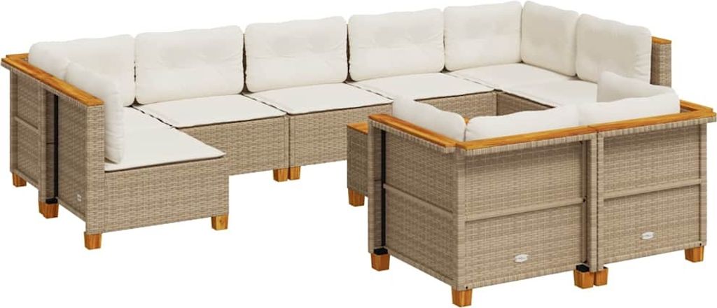 vidaXL 10-tlg. Garten-Sofagarnitur mit Kissen Beige Poly Rattan