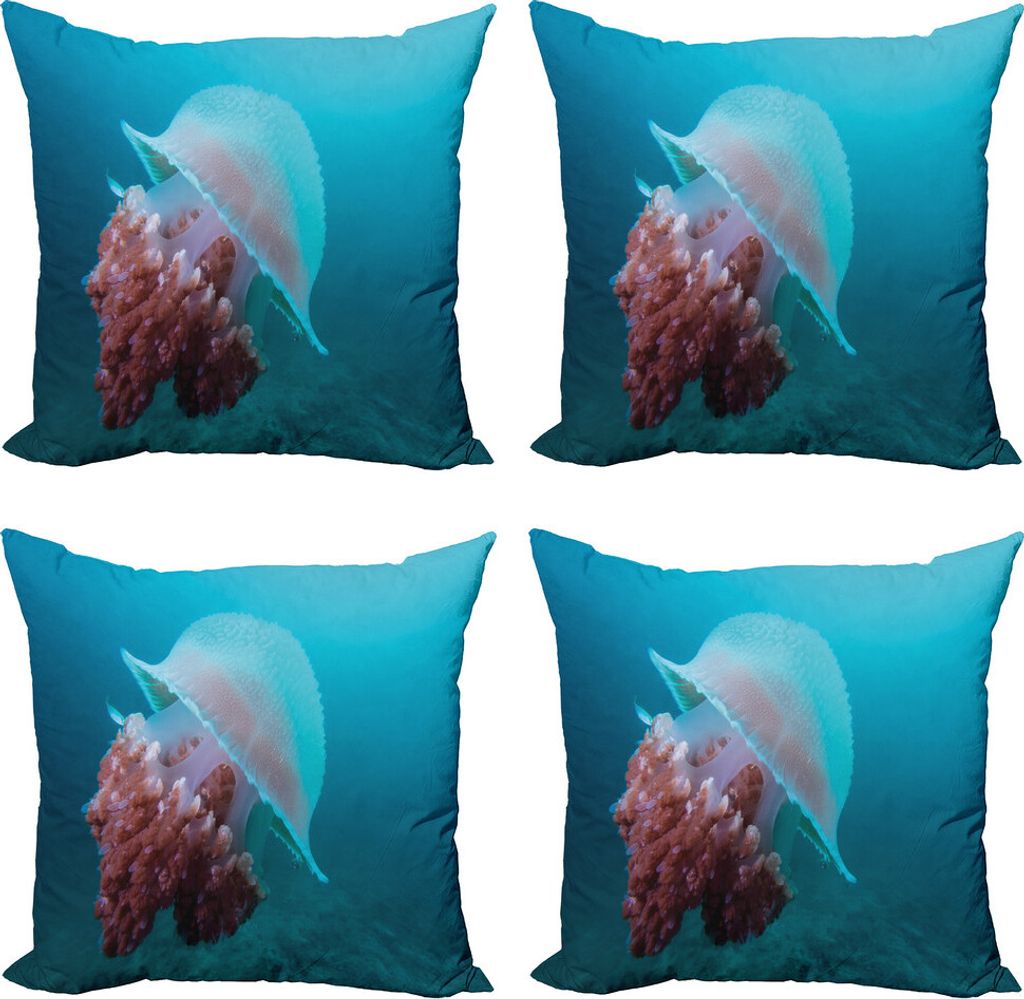 ABAKUHAUS Qualle Kissenbezug Set (4 Stück), Big Fluffy Kreatur Meer, Moderner Doppelseitiger Digitaldruck, 50 cm x 50 cm, Aqua Sea Blue