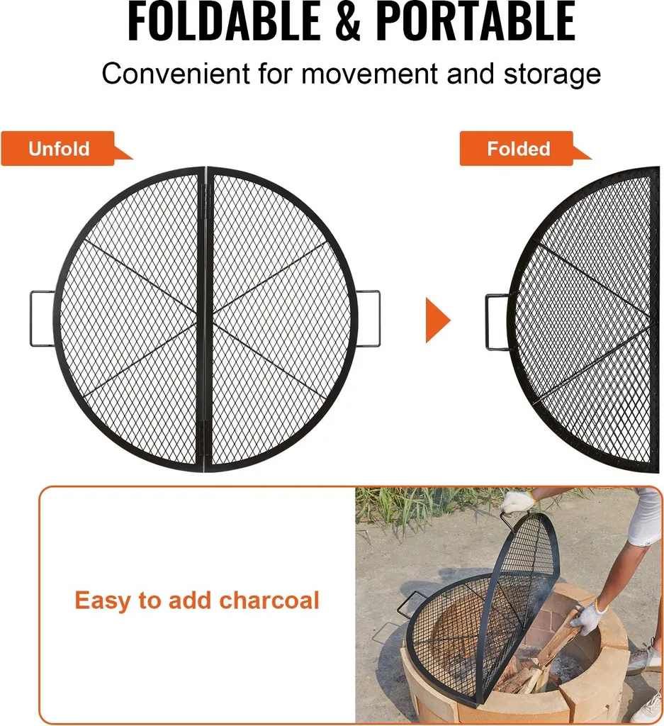 Grille de feu de camp robuste 910 mm pliable pour éviter chute des aliments