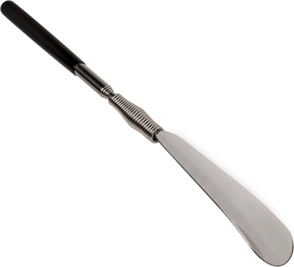 A shoehorn with a black handle and a metal scoop, against a white background.