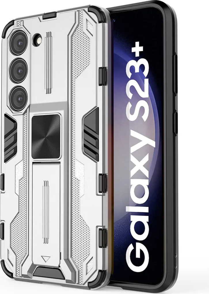 Cover Samsung S23+ Antiurto Argento: Protezione Doppio Strato con Stand