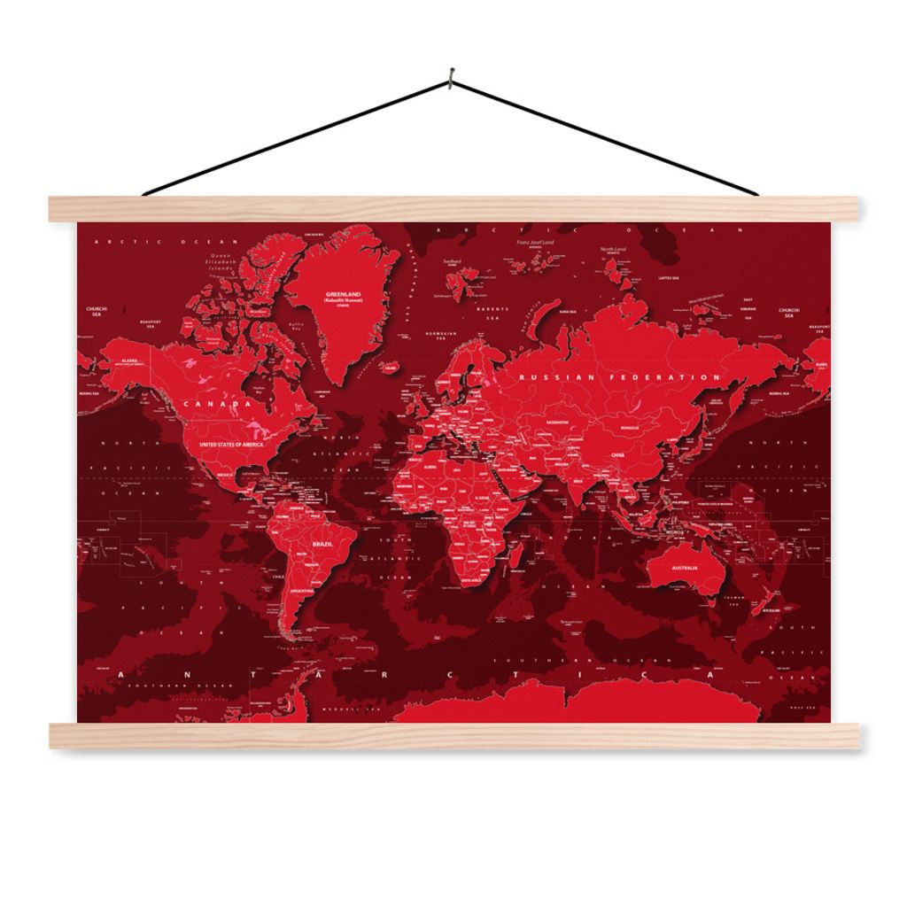 MuchoWow Textilposter Weltkarte - Stabil - Rot 120x80 cm mit holzfarbenen Rahmen - Aufhängeset