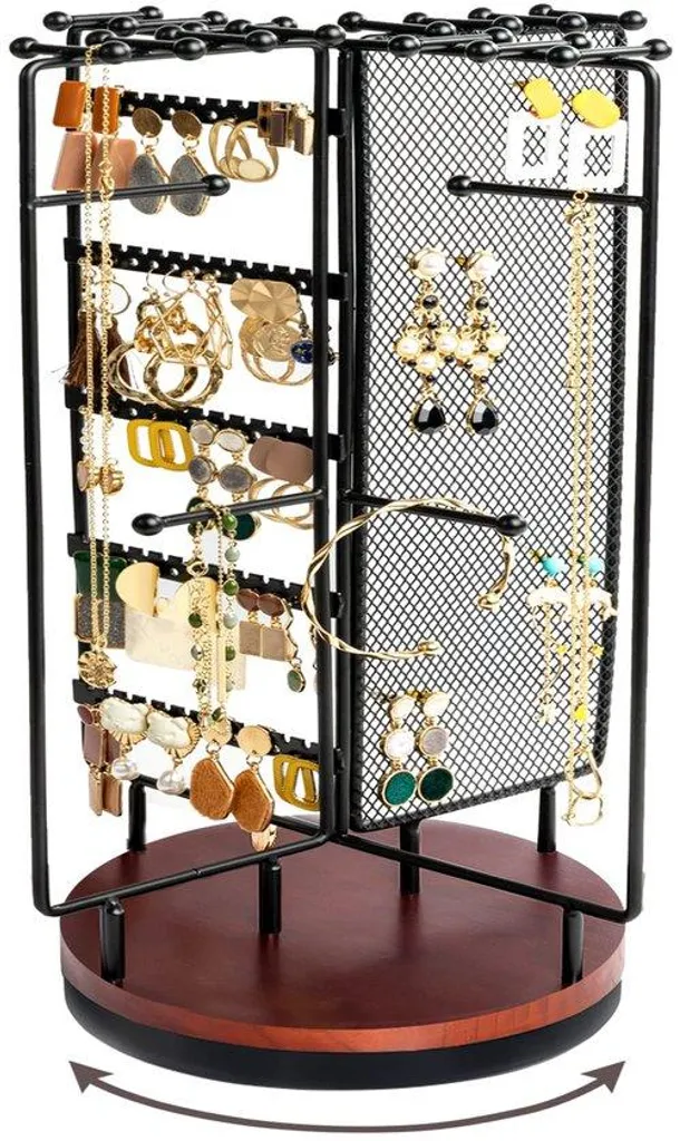 Porte-bijoux rotatif carrousel noir avec supports bagues et colliers