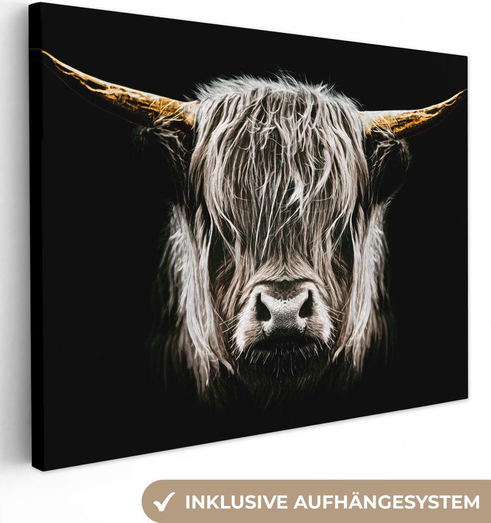 MuchoWow - Leinwandbilder - Schottischer Highlander - Gold - Hörner - Schwarz und weiß - Kuh - Tiere, Wandbild, Wanddeko Bilder Wohnzimmer, 80x...
