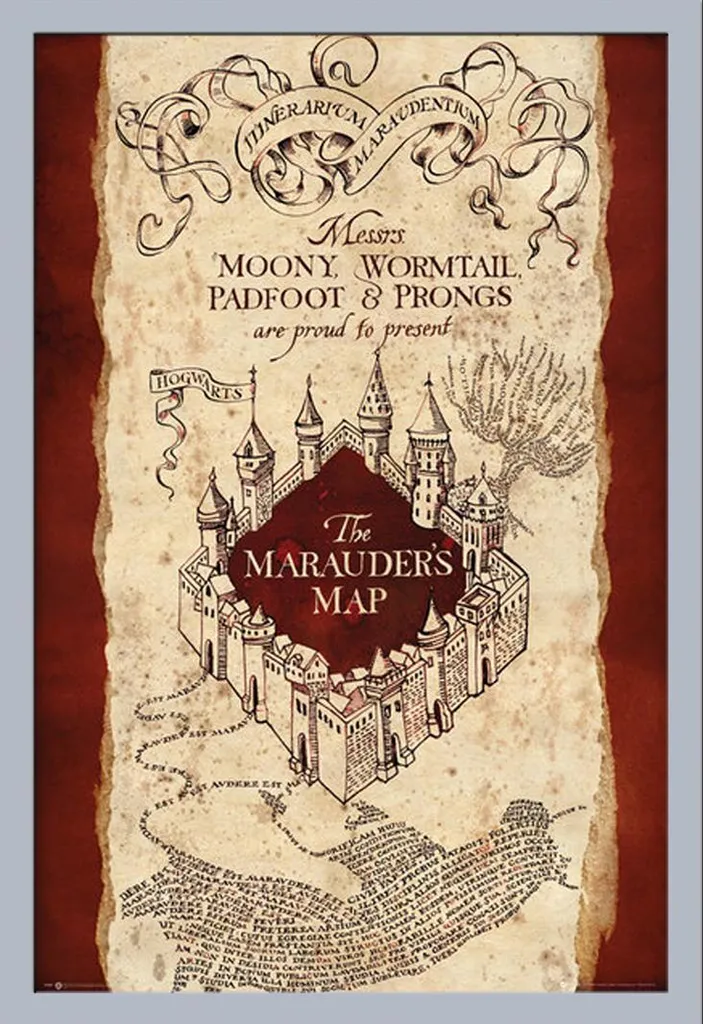 Harry Potter Marauder's Map Poster Shinsuke Silver Frame 61x91.5cm