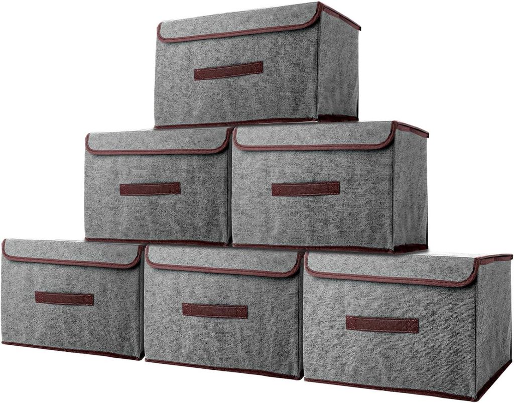 Stoffaufbewahrungsboxen, 6 Stück, 36 x 23 x 24 cm, Boxen mit Deckel, faltbar, grau für Kleidung, Socken, Schrank, Regal, Kleiderschrank