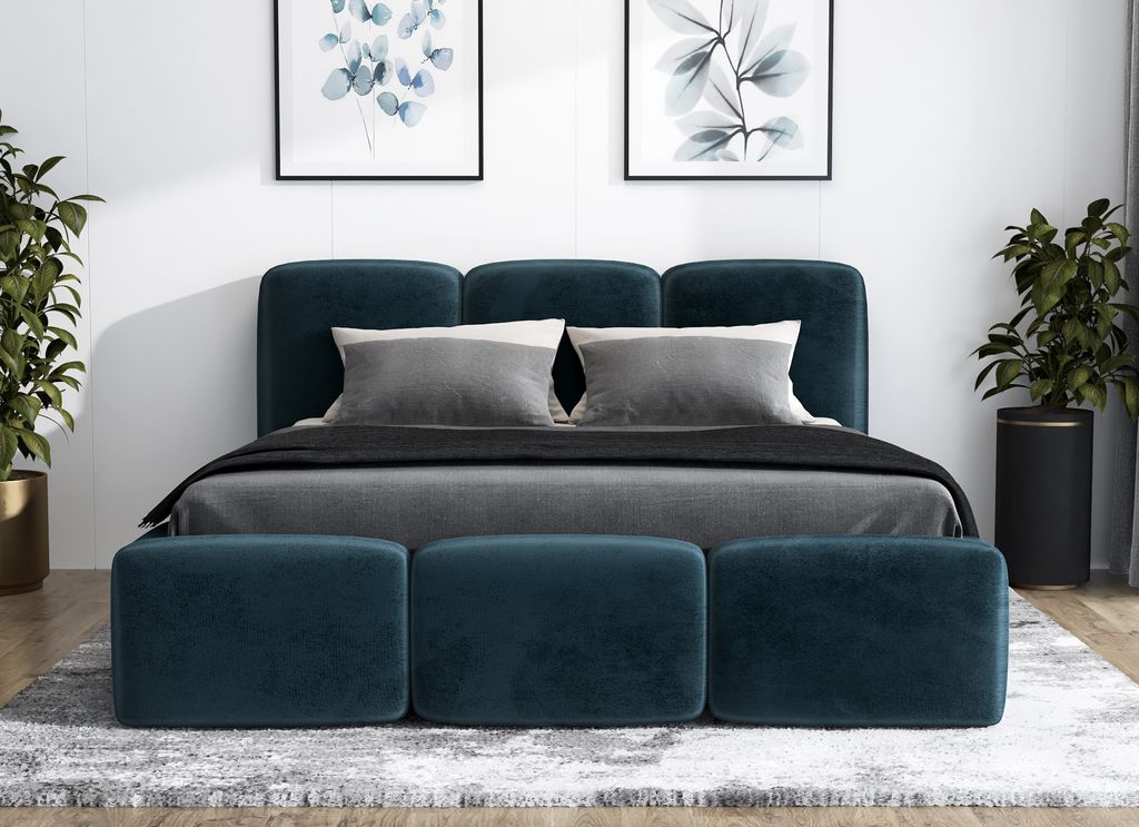 Polsterbett STERN 120x200 mit Matratze und Bettkasten. Farbe: Dunkelblau