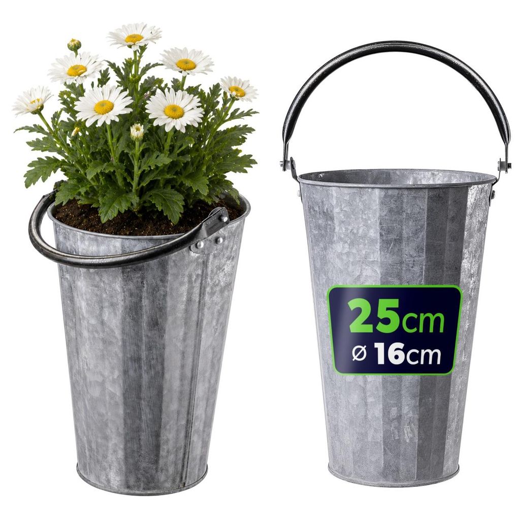 KADAX Übertopf 16 x 25 cm, Blumentopf aus verzinktem Stahl, Pflanztopf mit Tragegriff, Zinktopf für Balkon, Terrasse & Garten, Kräutertopf aus M...