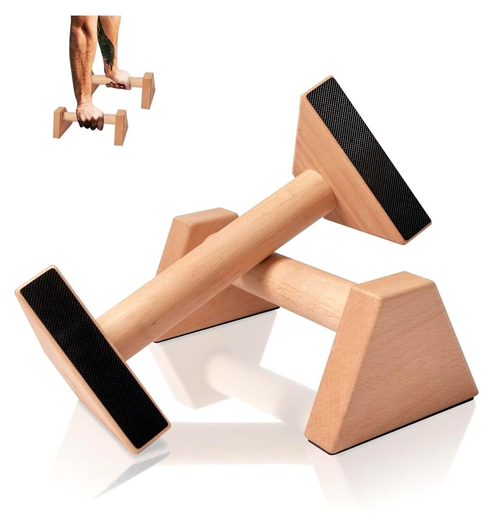 Liegestützgriffe aus Holz - Parallettes für gelenkschonende Liegestütze und Handstand - Zwei Handgelenkbandagen inklusive