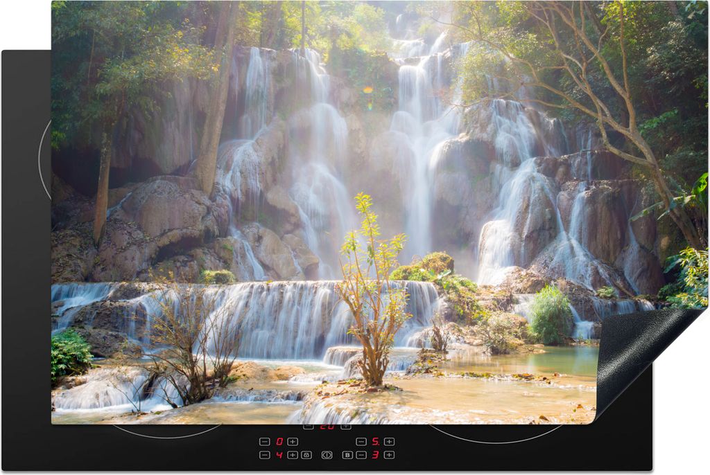 KitchenYeah Herdabdeckplatte Wasserfall - Sonne - Natur , 80x52cm, Küche Deko, Glaskeramikfeld Herdabdeckung, Abdeckplatte fùr Kochfeld