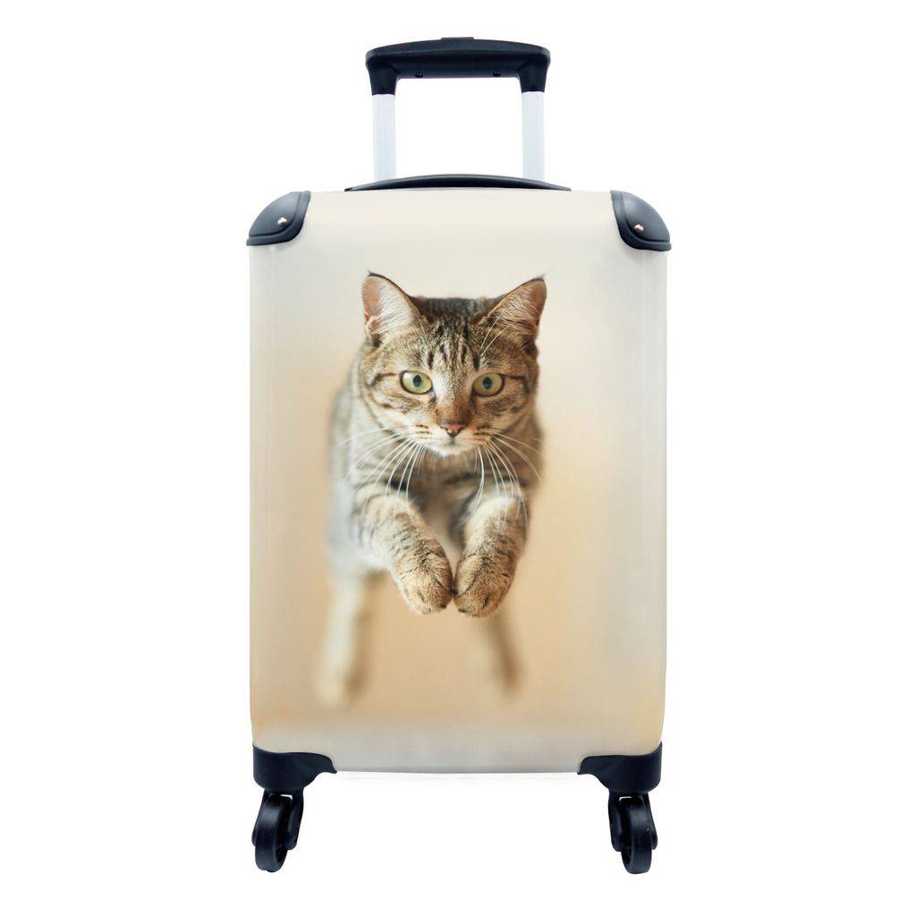 MuchoWow Koffer Handgepäck Trolley Rollkoffer Kleine Reisekoffer mit 4 Rollen - Katze - Braun - Springen - Cabin Size < 55x40x23 cm & 55x40x20 c...