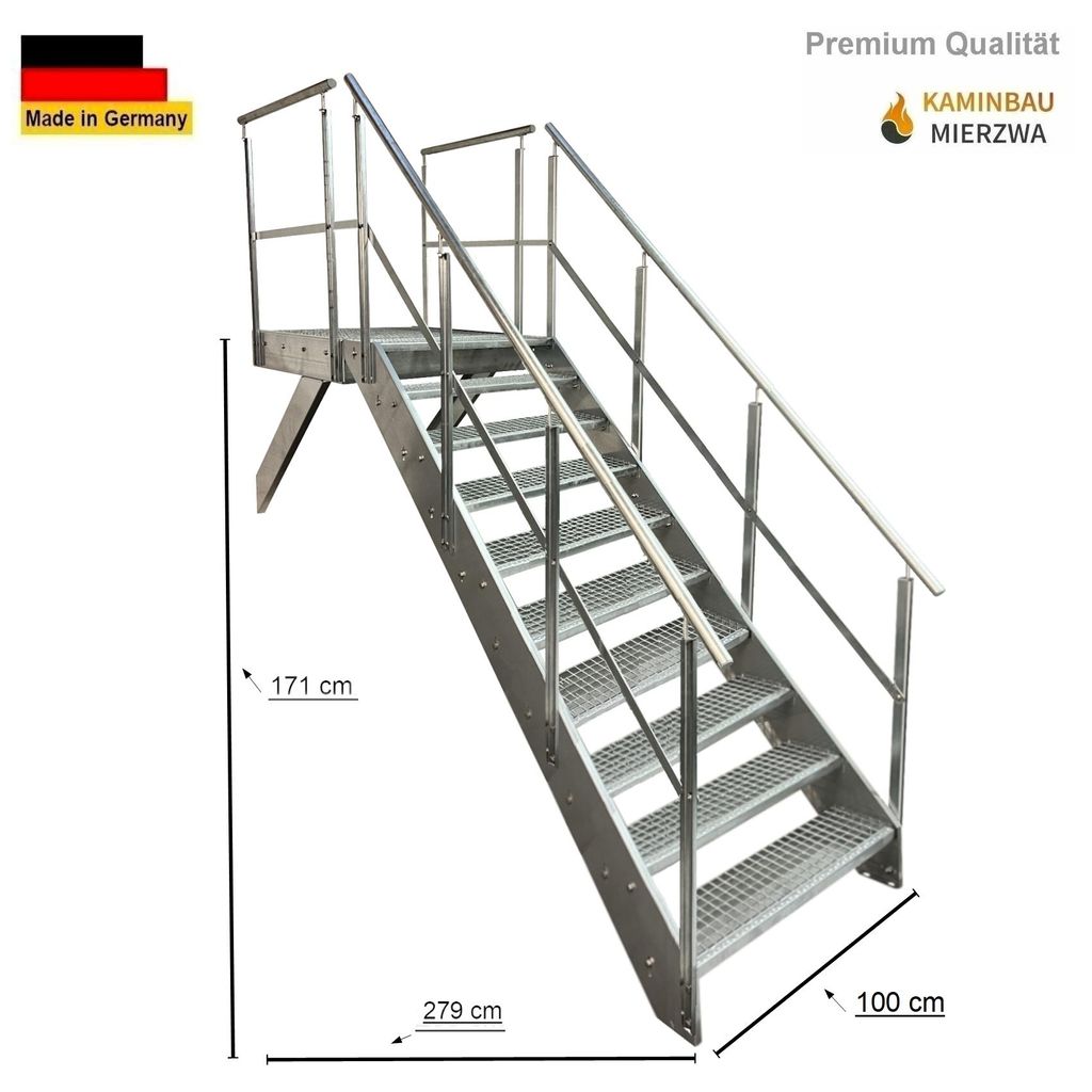Podesttreppe Wangen- Stahltreppe 9 Stufen Höhe 171cm inklusive Podest 100x100cm mit Geländer verzinkt Ausrichtung Treppe Vorne (Front) Aussentreppe