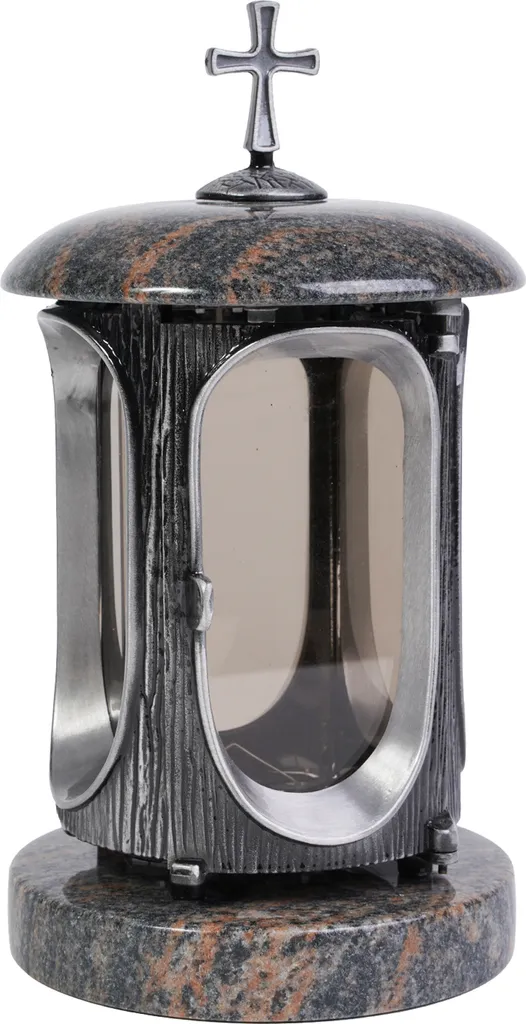Lampe funéraire en gneiss gris et croix argent résistant aux intempéries