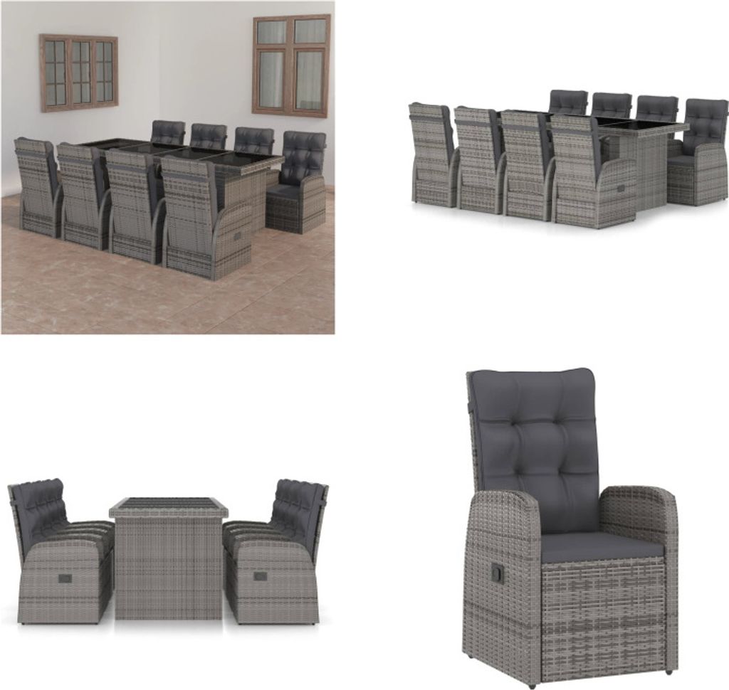 vidaXL 9 tlg. Garten Essgruppe mit Auflagen Poly Rattan Grau - Gartenmöbel-Set - Gartenmöbel-Sets - Gartentisch Und Stuhl - Gartentische Und Stühle