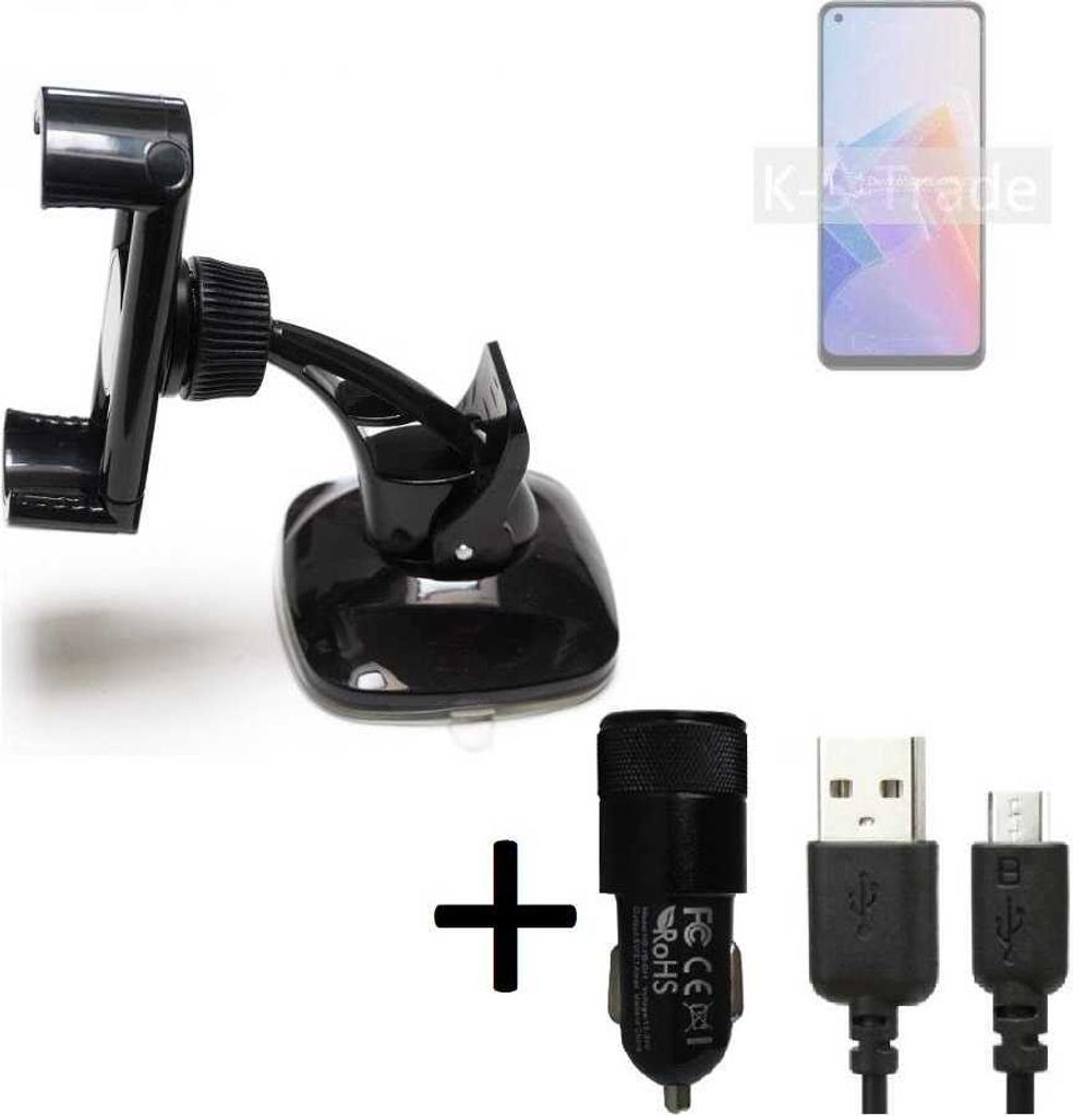 K-S-Trade Halterung kompatibel mit Oppo Reno7 Lite 5G Windschutzscheibe / Armaturenbrett + LADEGERÄT mit Mico USB Kabel Autohalterung KFZ Halter
