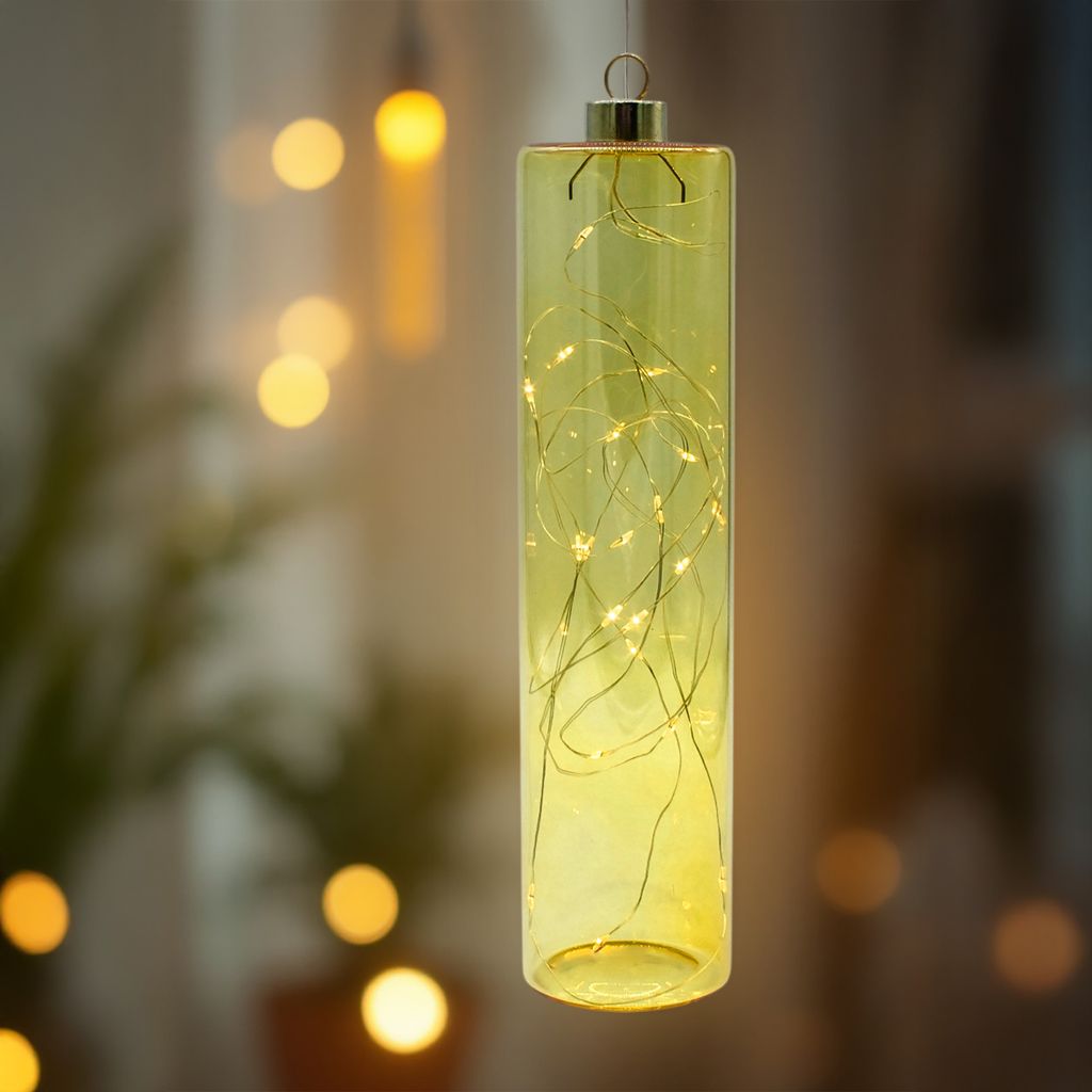 2.02 LED Glas Zylinder TUBE - ca. 24 x Ø 6 cm - 20 LED Deko zum hängen mit Batterie und Timer - Farbe: Amarillo