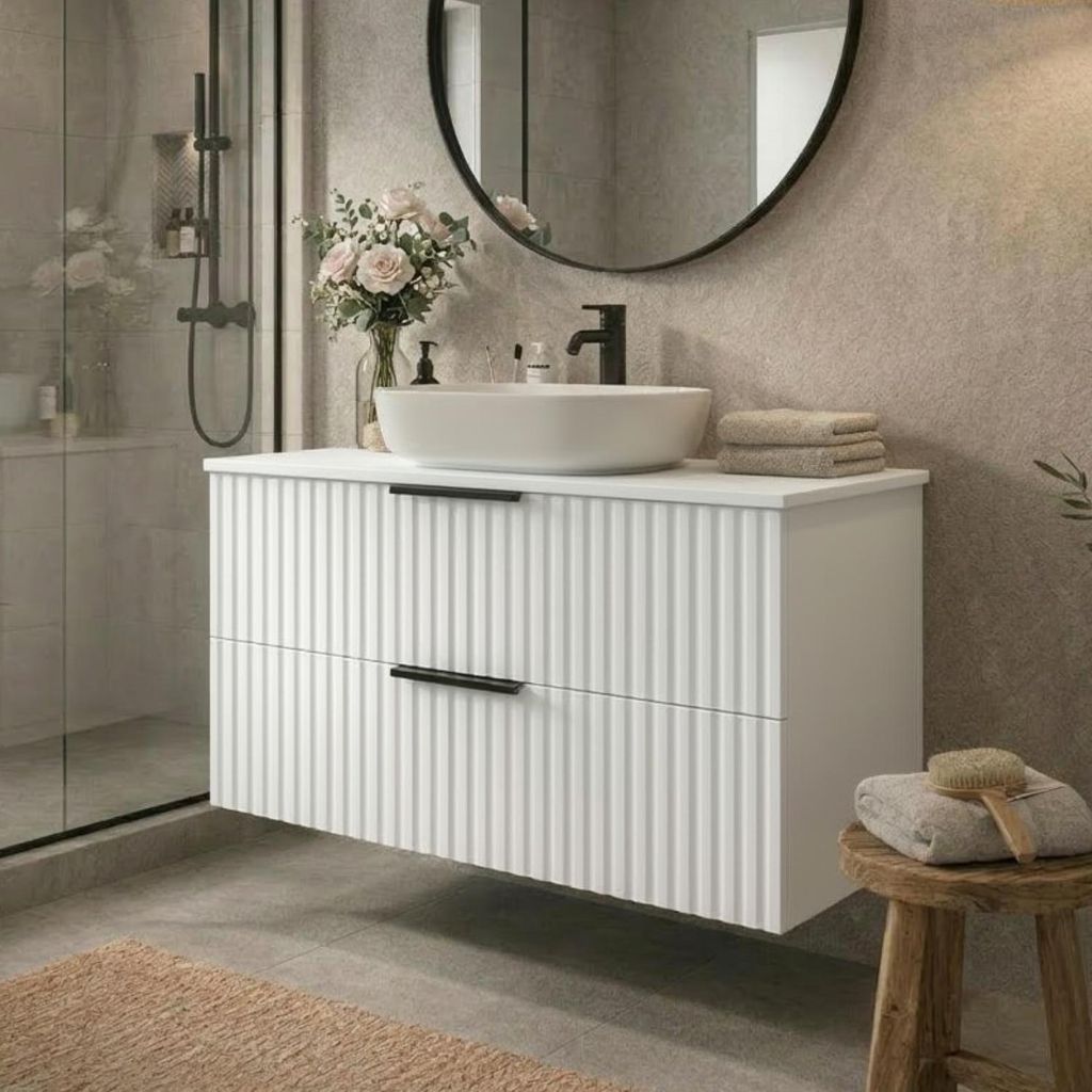 Waschbeckenunterschrank TIBU 60x50x46 Weiß geriffelter Front mit 2 Schubladen geriffelter Front Badmöbel