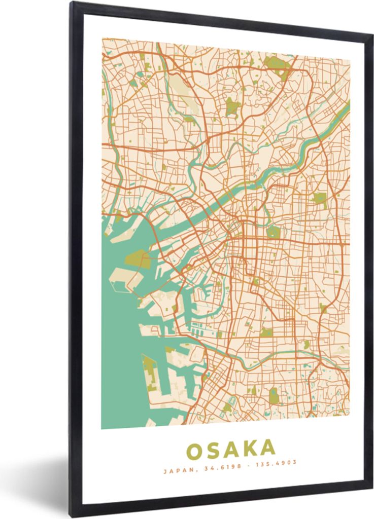 MuchoWow Gerahmtes Poster Osaka - Stadtplan - Vintage - Karte 40x60 cm - Poster mit Schwarzem Bilderrahmen Wandposter Rahmen Foto Bilder - Papier...