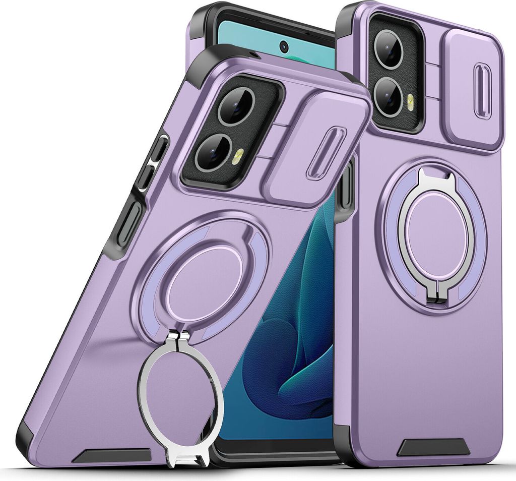 Handyhülle für Motorola Moto G 5G 2024 Dual-Layer Stoßfest Militär Hülle mit Dia Kameraschutz und Magnetisch Ring Ständer Lila