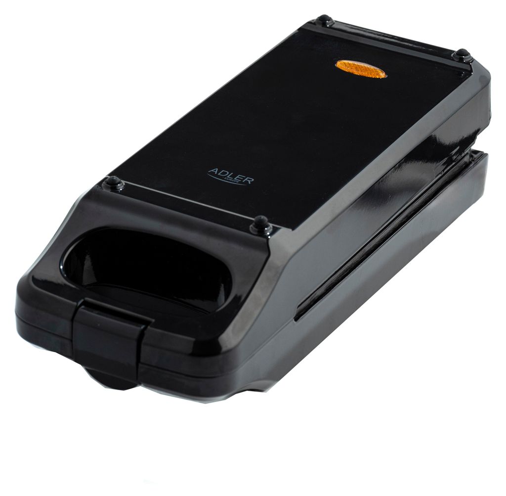 A black Adler sandwich maker is shown from a diagonal angle against a white background.