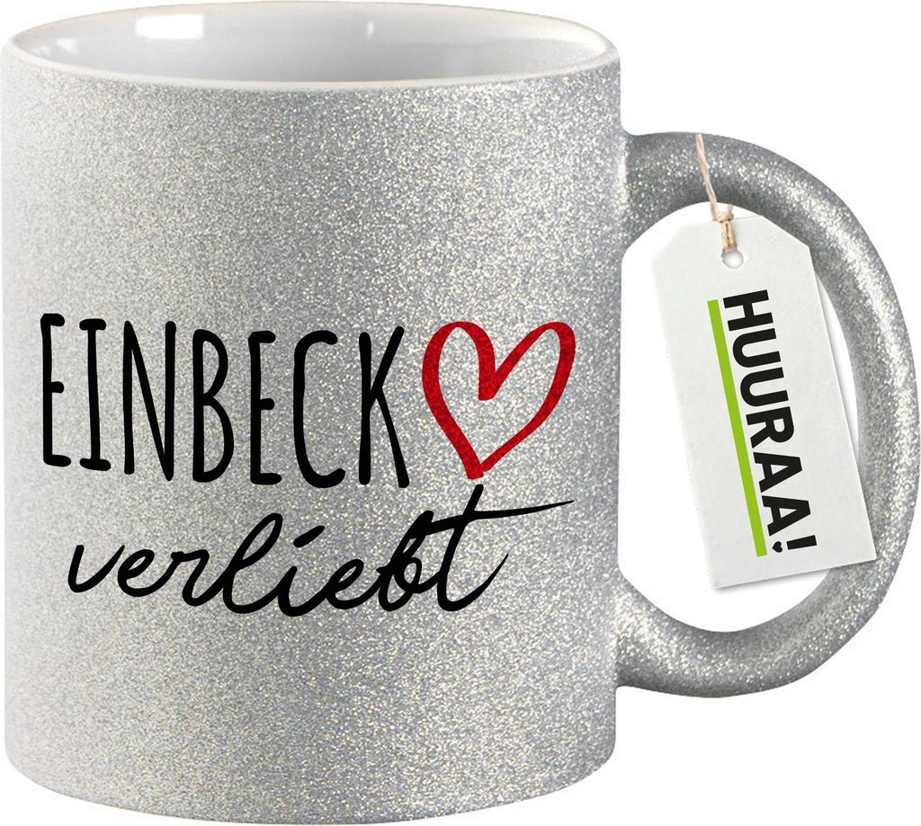 Huuraa Glitzertasse Einbeck verliebt 330ml Silber Keramik Kaffeebecher Geschenkidee