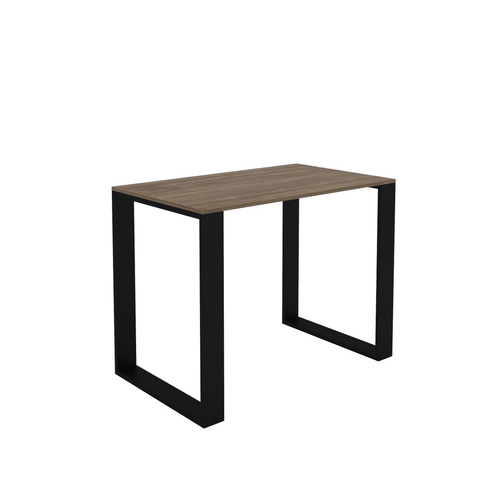 A product shot of a table with a wooden top and black metal legs, isolated on a white background.