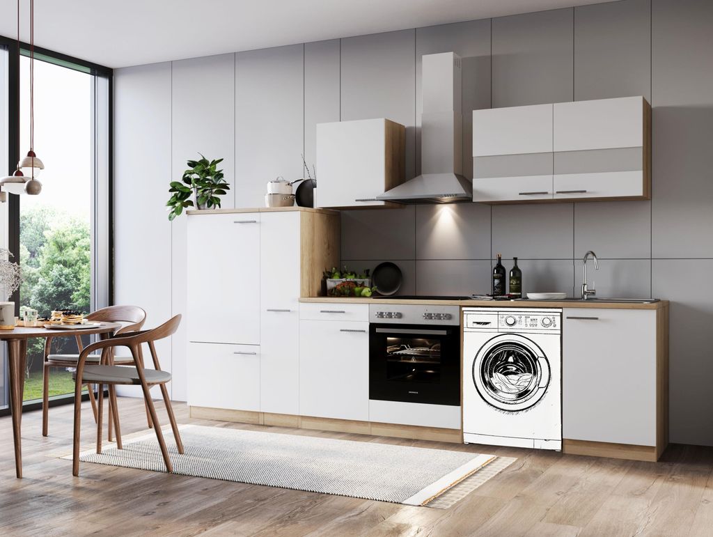 Küche Küchenzeile für Unterbau Waschmaschine Eiche Weiß Merle 310 cm Respekta