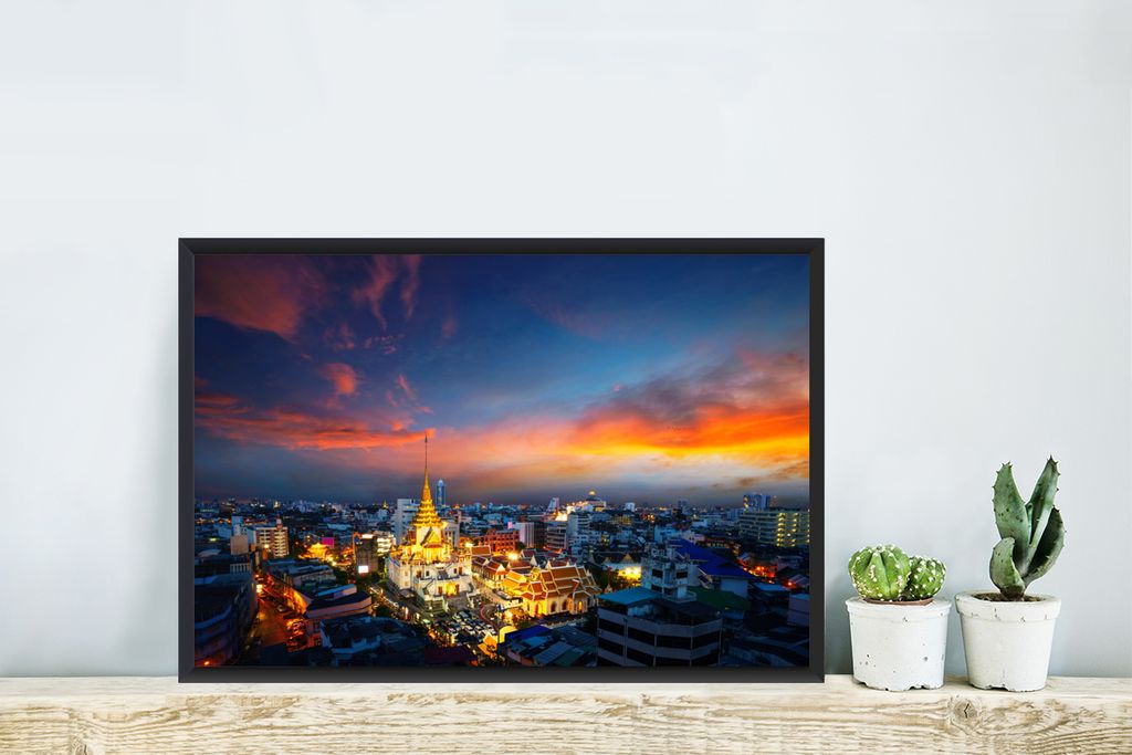 MuchoWow MuchoWow Gerahmtes Poster Gold - Buddha - Thailand 60x40 cm - Poster mit zchwarzem Bilderrahmen - Printing - Wanddeko Schlafzimmer