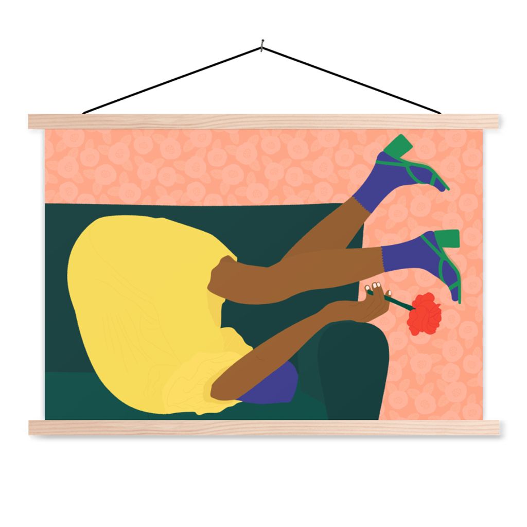 MuchoWow Textilposter Frau - Blumen - Retro 150x100 cm mit holzfarbenen Rahmen - Posters