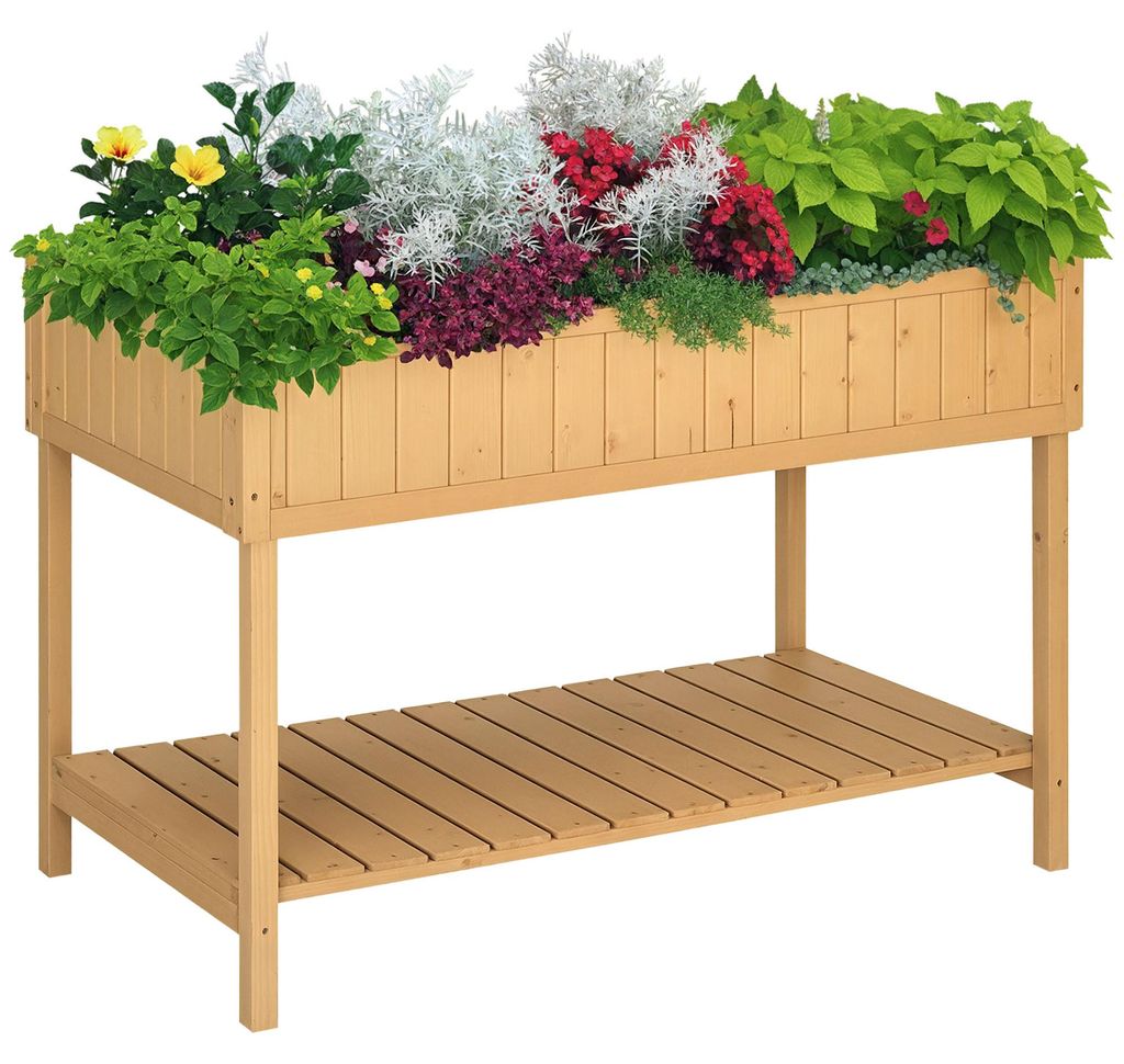 Hochbeet 8 Fächer Pflanztisch Blumenkasten Tannenholz 1 Ablage + Abfluss, 110,0x46,0x76,0 cm, Naturholz, stabil, für Garten und Terrasse