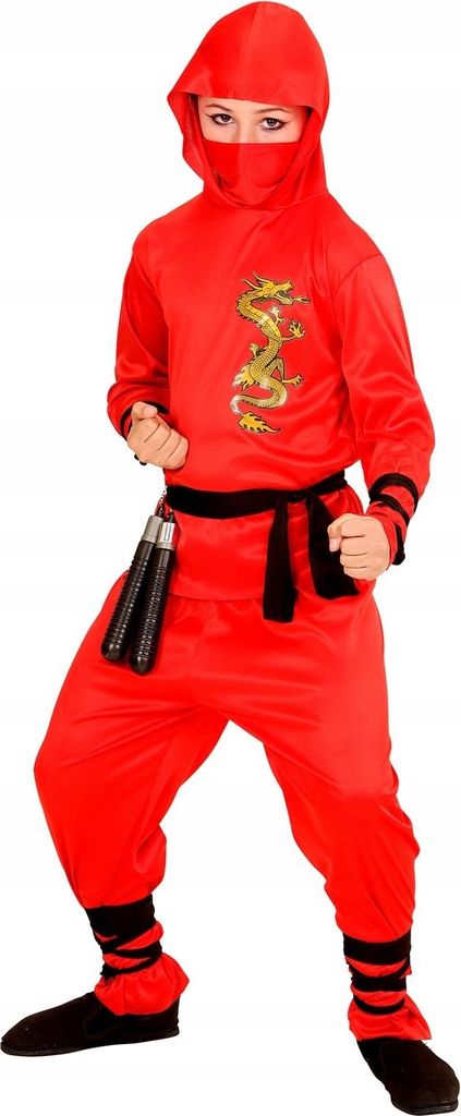 A child wearing a red ninja costume with a dragon emblem.