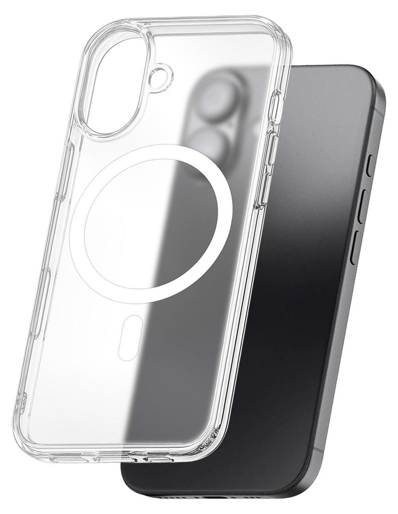 A clear phone case with a magnetic ring is shown on a dark smartphone.