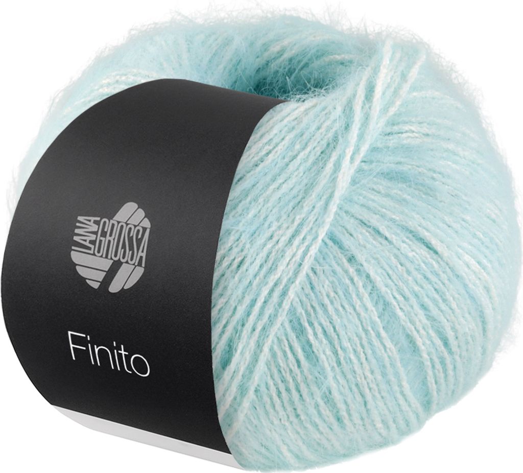 A ball of light blue yarn with a black label.