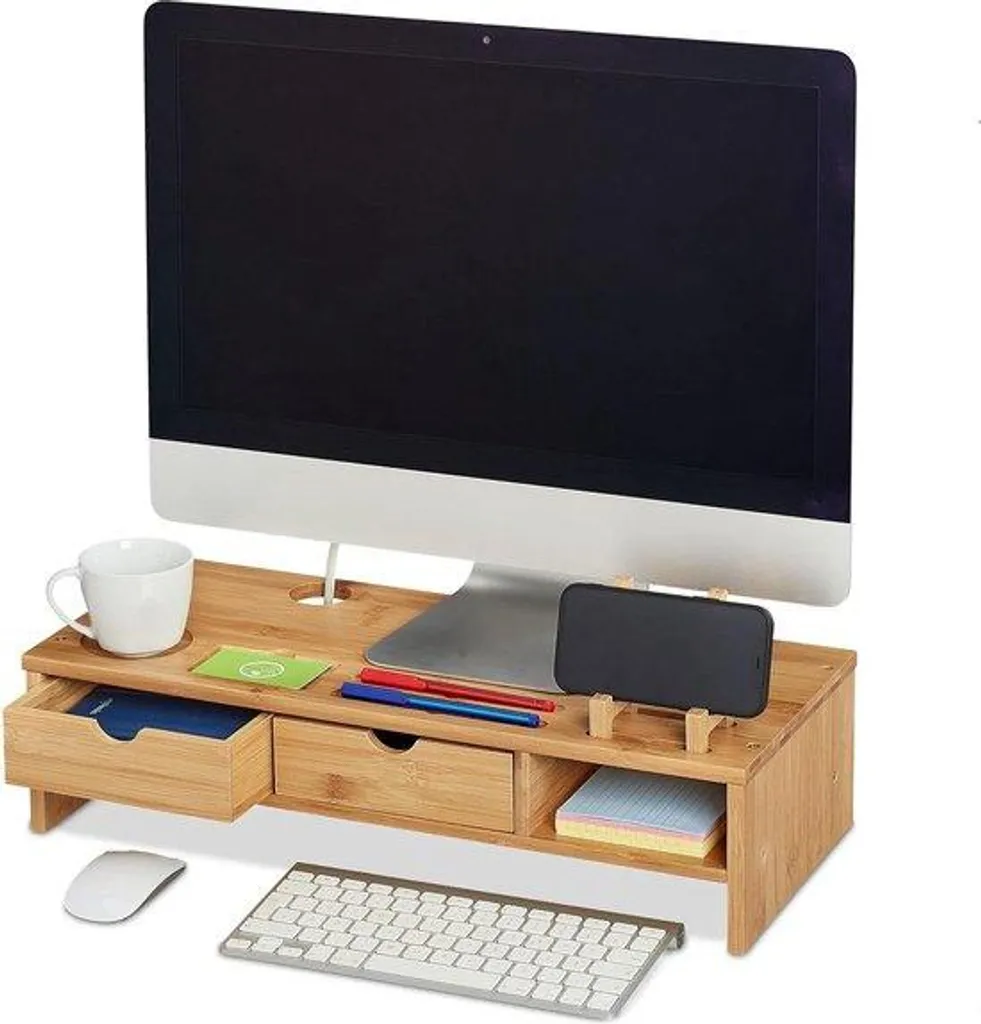 Rehausseur d'écran bois avec rangement - Support moniteur ergonomique