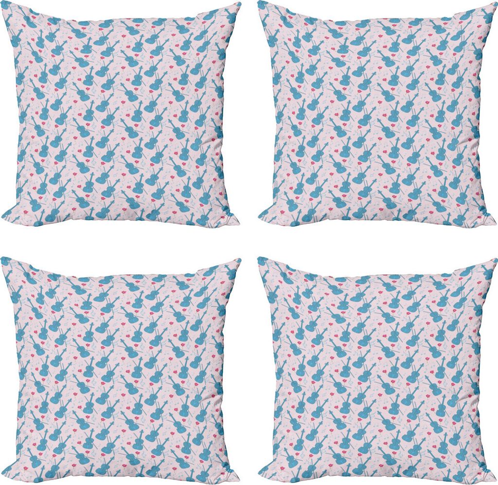 ABAKUHAUS Musik Kissenbezug Set (4 Stück), Violine mit Noten Pattern, Moderner Doppelseitiger Digitaldruck, 40 cm x 40 cm, Schiefer-Blau Hellrosa