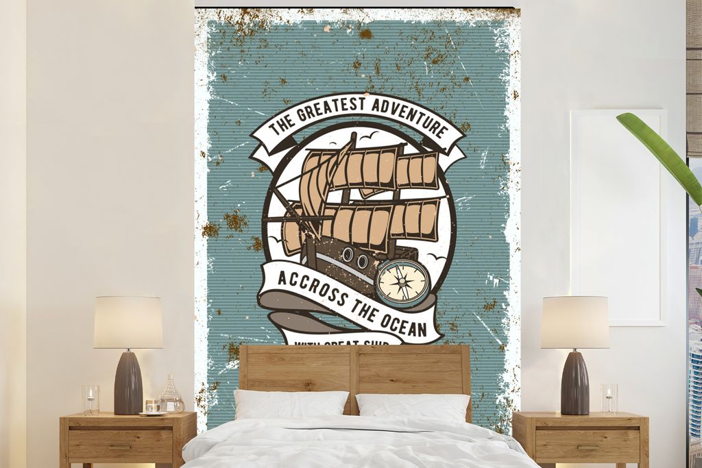MuchoWow Fototapete für Wohnzimmer oder Schlafzimmer Wandtapete Vinyl Motivtapete Boot - Kompass - Retro - Illustration - 195x300 cm - Das Hinte...