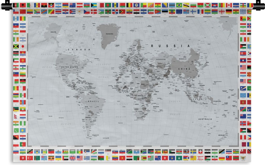 MuchoWow Wandteppich Wandbehang Weltkarte - Flagge - Schwarz - Weiß 90x60 cm Tapisserie Dekoration Wandtuch - Wandskulpturen - Bildteppich