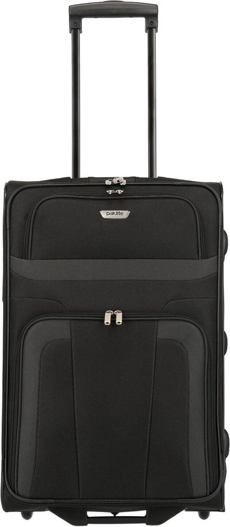 A black Travelite trolley suitcase with a retractable handle.