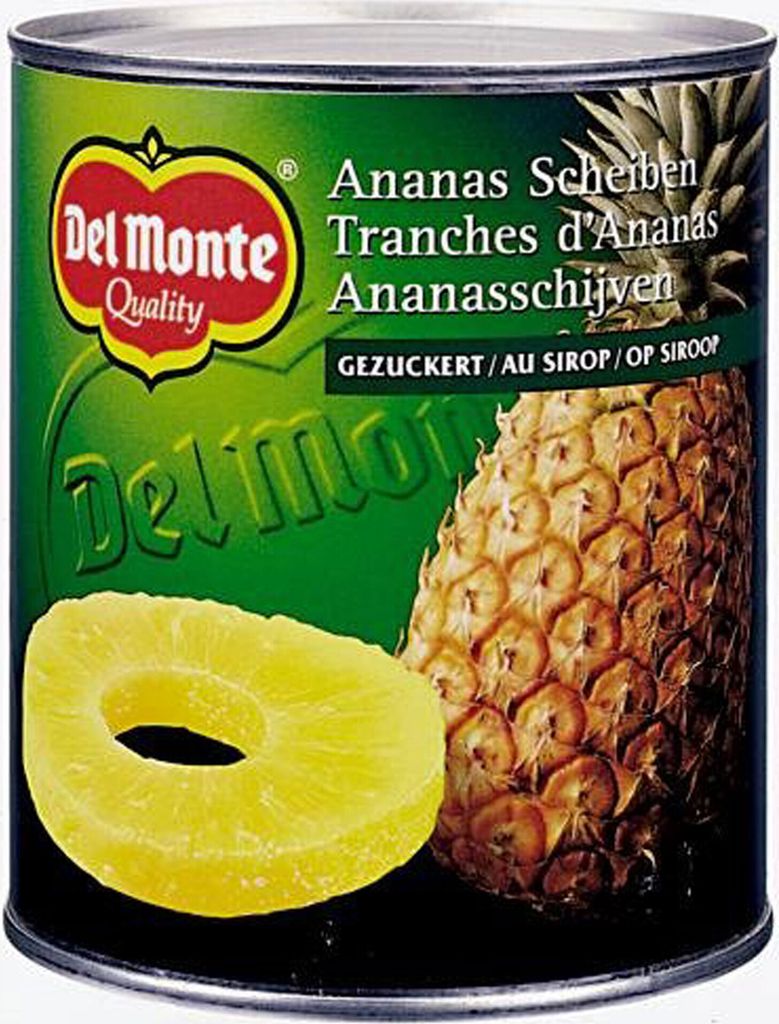 A can of Del Monte pineapple slices in syrup.