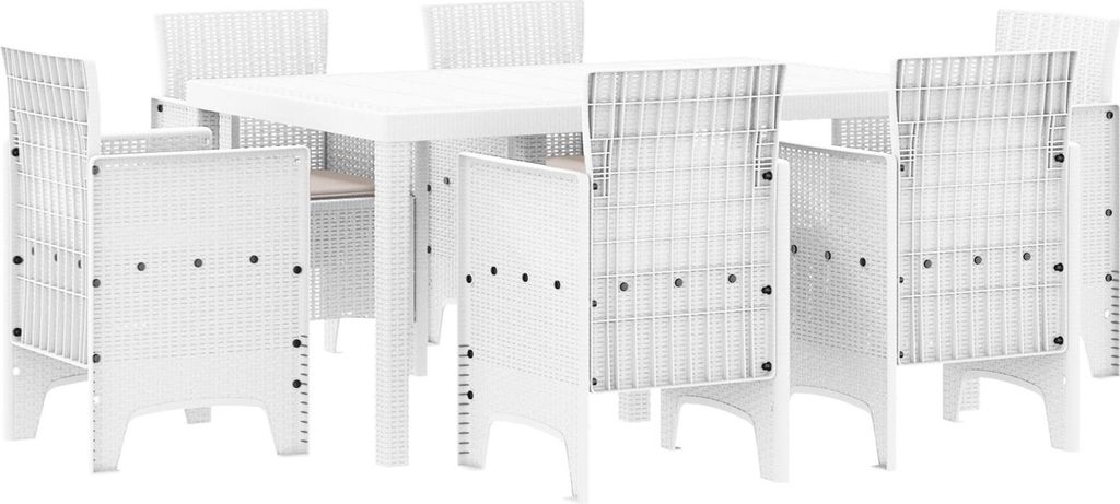 Möbel 7-teiliges Garten-Esszimmer-Set mit Kissen Weiß Poly Rattan - Gartentische 3378563