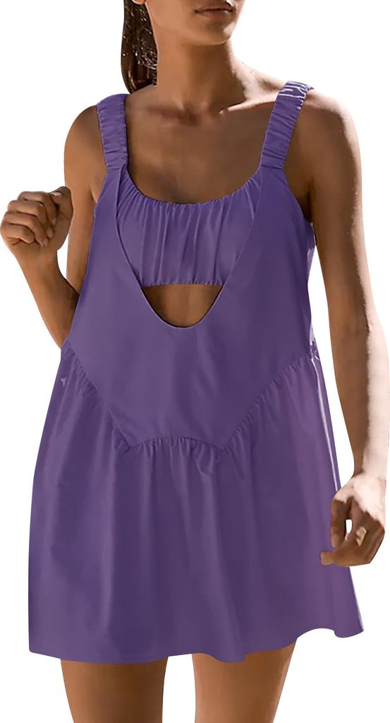 ASKSA Damen Tenniskleid mit BH und Shorts Golf Trainingskleid Sport Ärmellos Tank Mini Tennis Dress, Violett, L