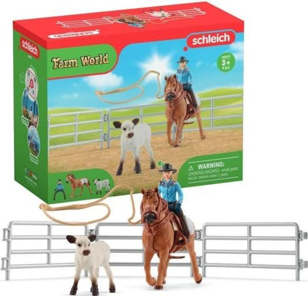 Cowboy Spielset mit Lassos, Texas Longhorn Kalb, Quarter Horse, Schleich Farm World 42577, Cowgirl Figur, Zäune, Sattel