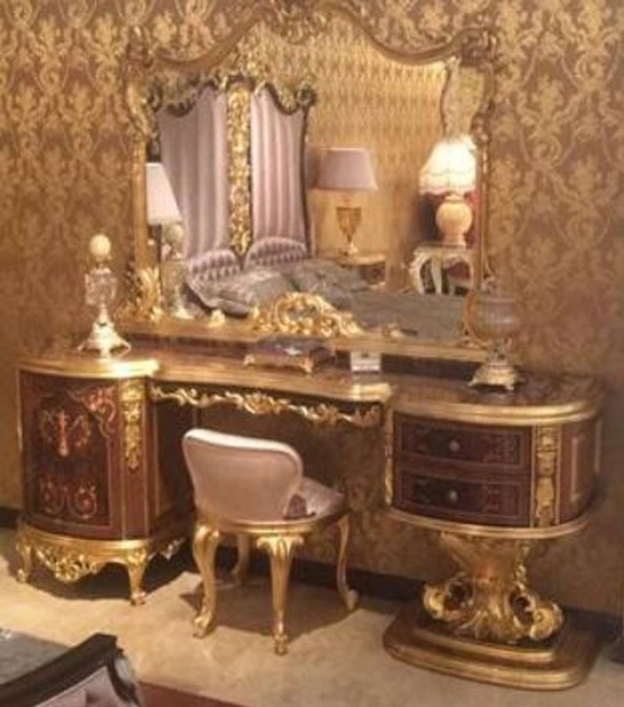 Casa Padrino Luxus Barock Schlafzimmer Set Braun / Rosa / Antik Gold - 1 Schminktisch & 1 Spiegel & 1 Hocker - Prunkvolle Schlafzimmer Möbel im Ba...