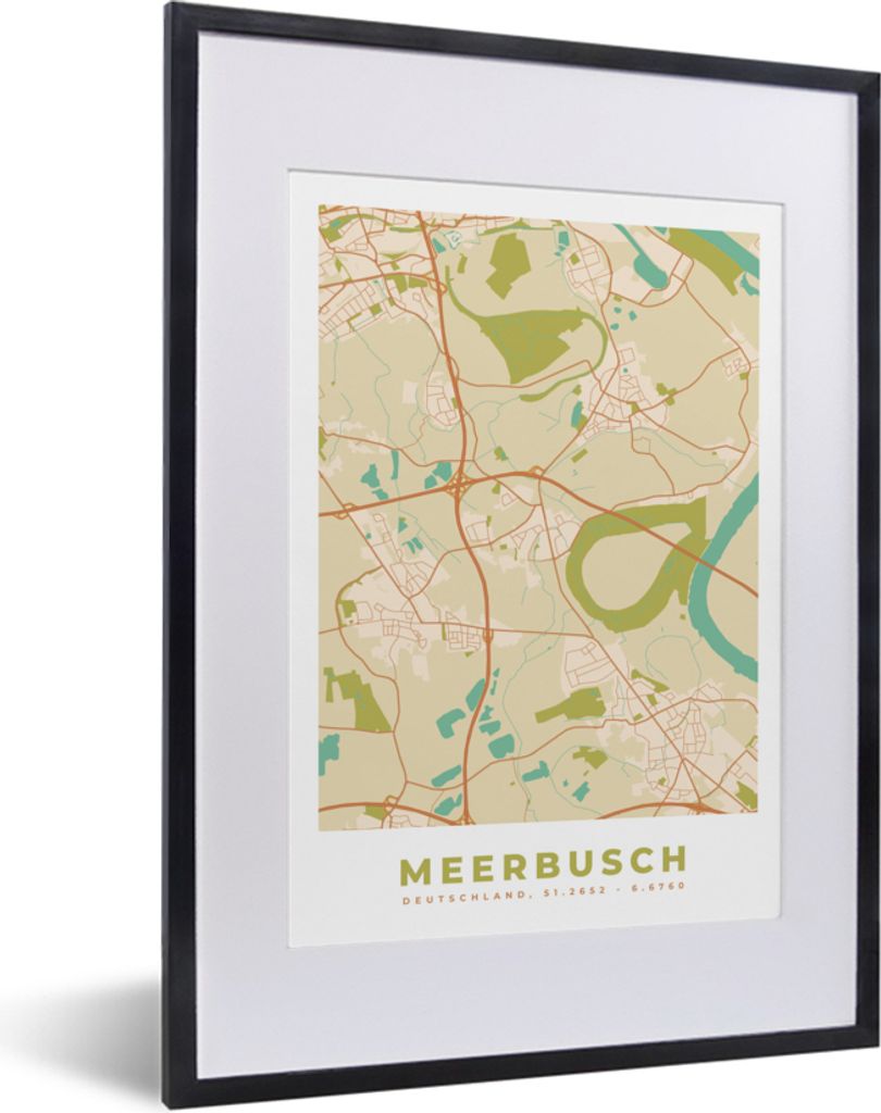 MuchoWow Gerahmtes Poster Meerbusch - Karte - Stadtplan - Vintage 30x40 cm - Poster mit Schwarzem Bilderrahmen Wandposter Rahmen Foto Bilder - Wa...